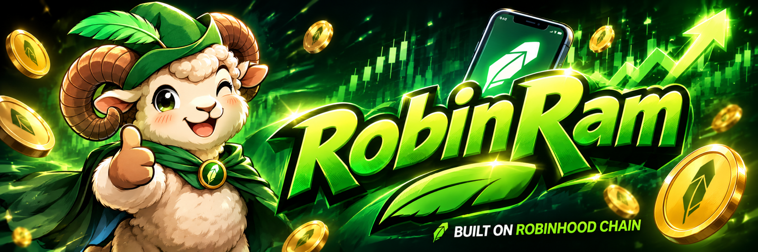 RobinRam banner with mascot, green market chart and gold coins
